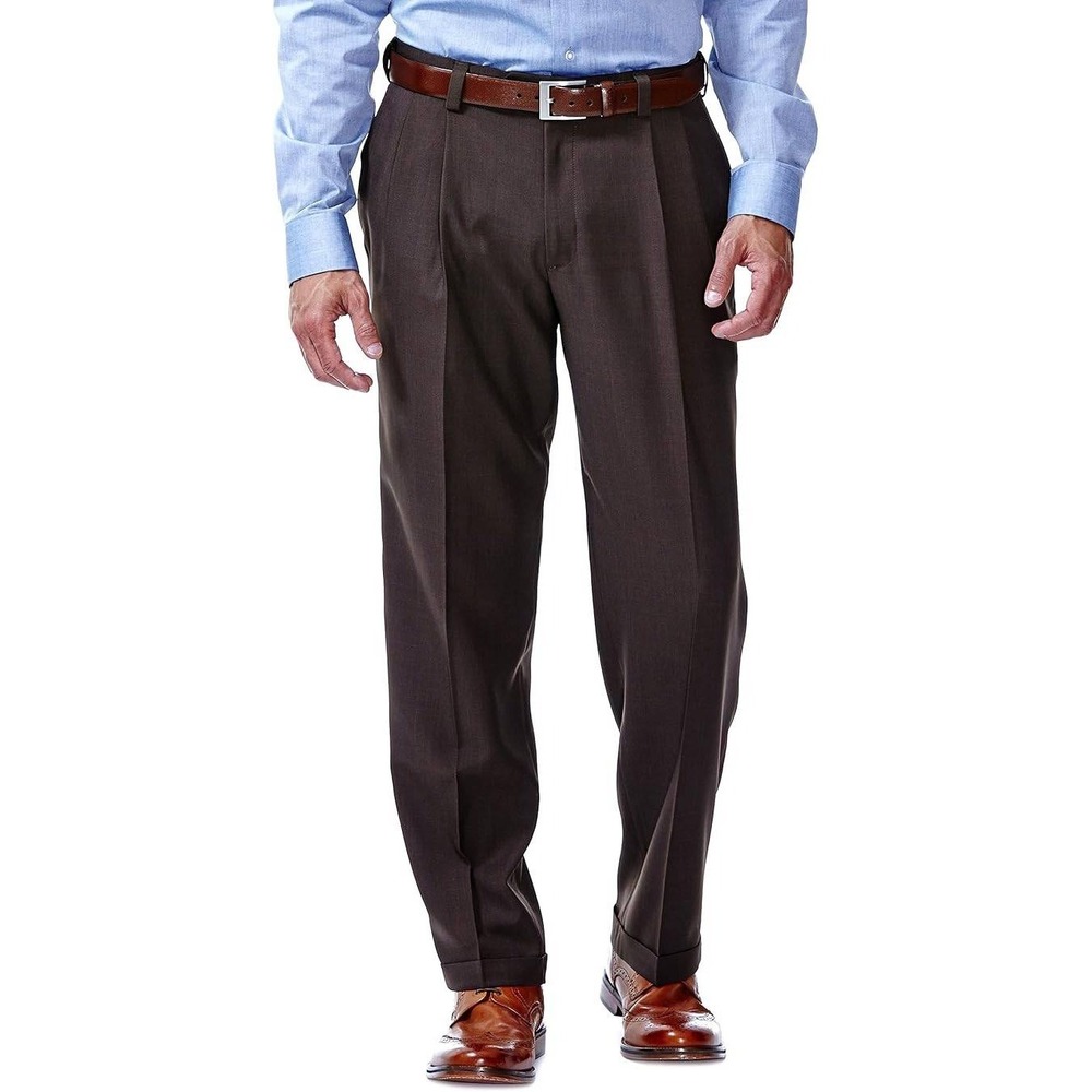 Haggar Mens E-CLO Classic Fit Pleated Dress Pants Brown 40W x 34L